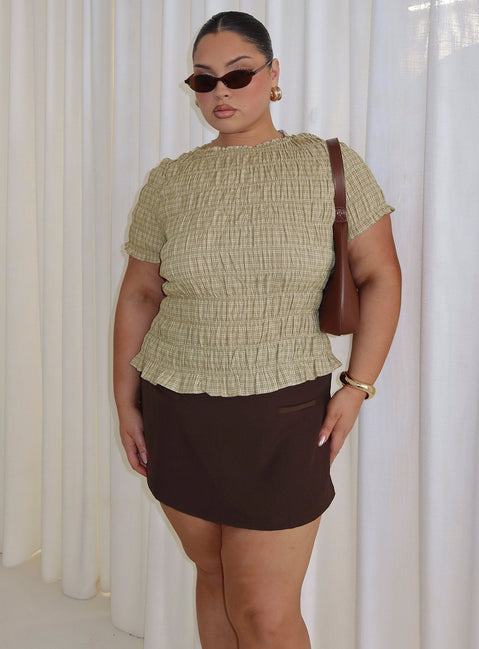 Romelle Shirred Top Green / Brown Plaid Curve