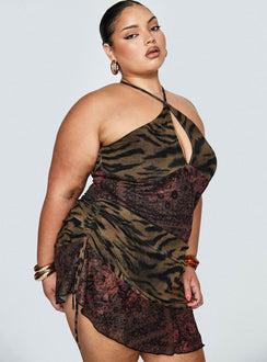 side view of model wearing Princess Polly Syrefena Halter Mini Dress Multi Curve Plunger 