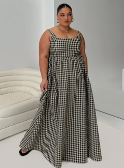 front view of model wearing Princess Polly Cartmel Check Maxi Dress Black / Cream Curve Square Neck 