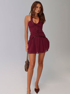 Aisleigh Sequin Halter Mini Dress Berry