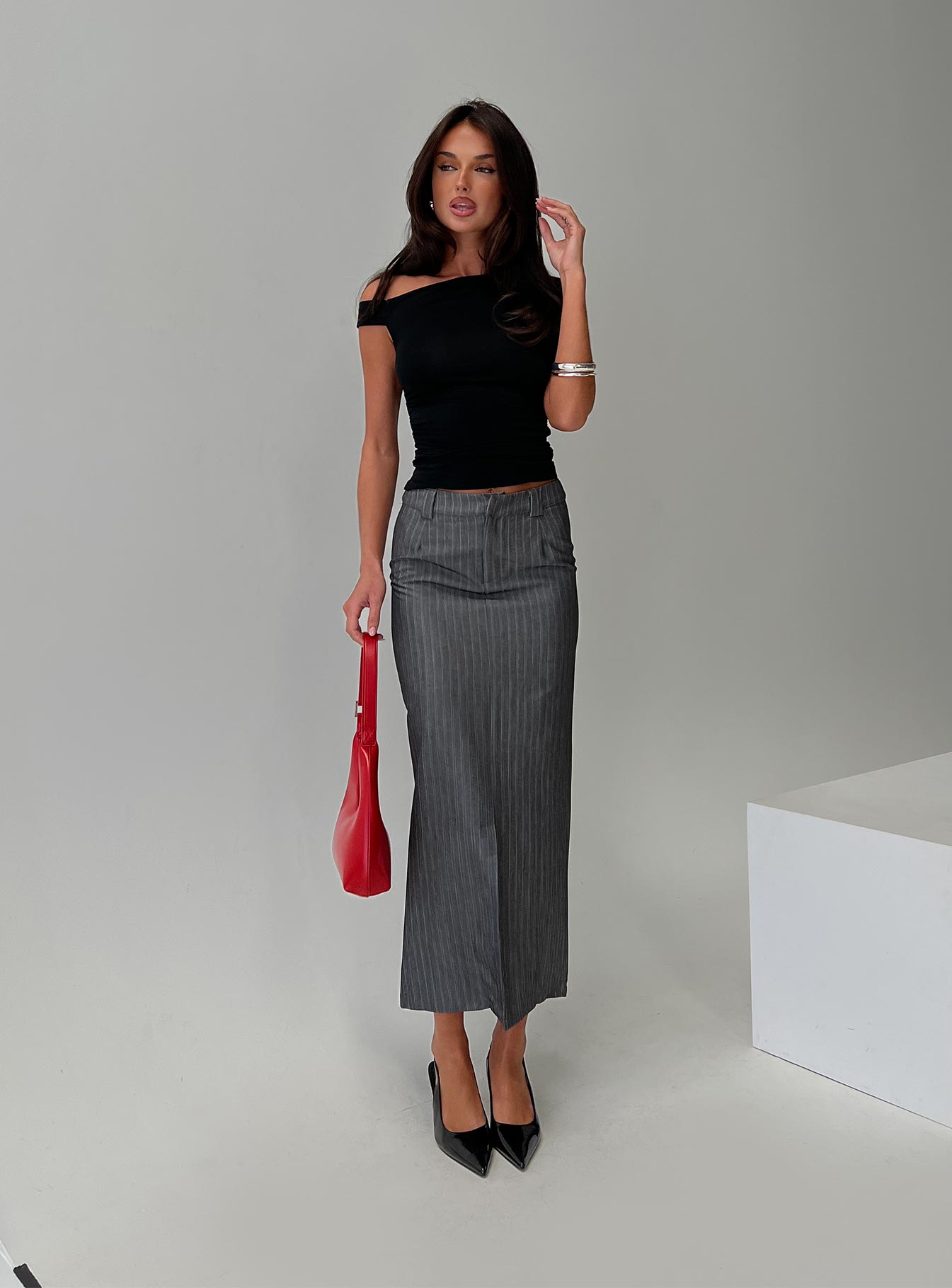   front view of model wearing Princess Polly Cubeb Maxi Skirt Grey 