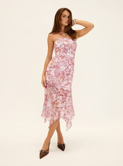 Coralis Strapless Asymmetrical Midi Dress Pink Paisley