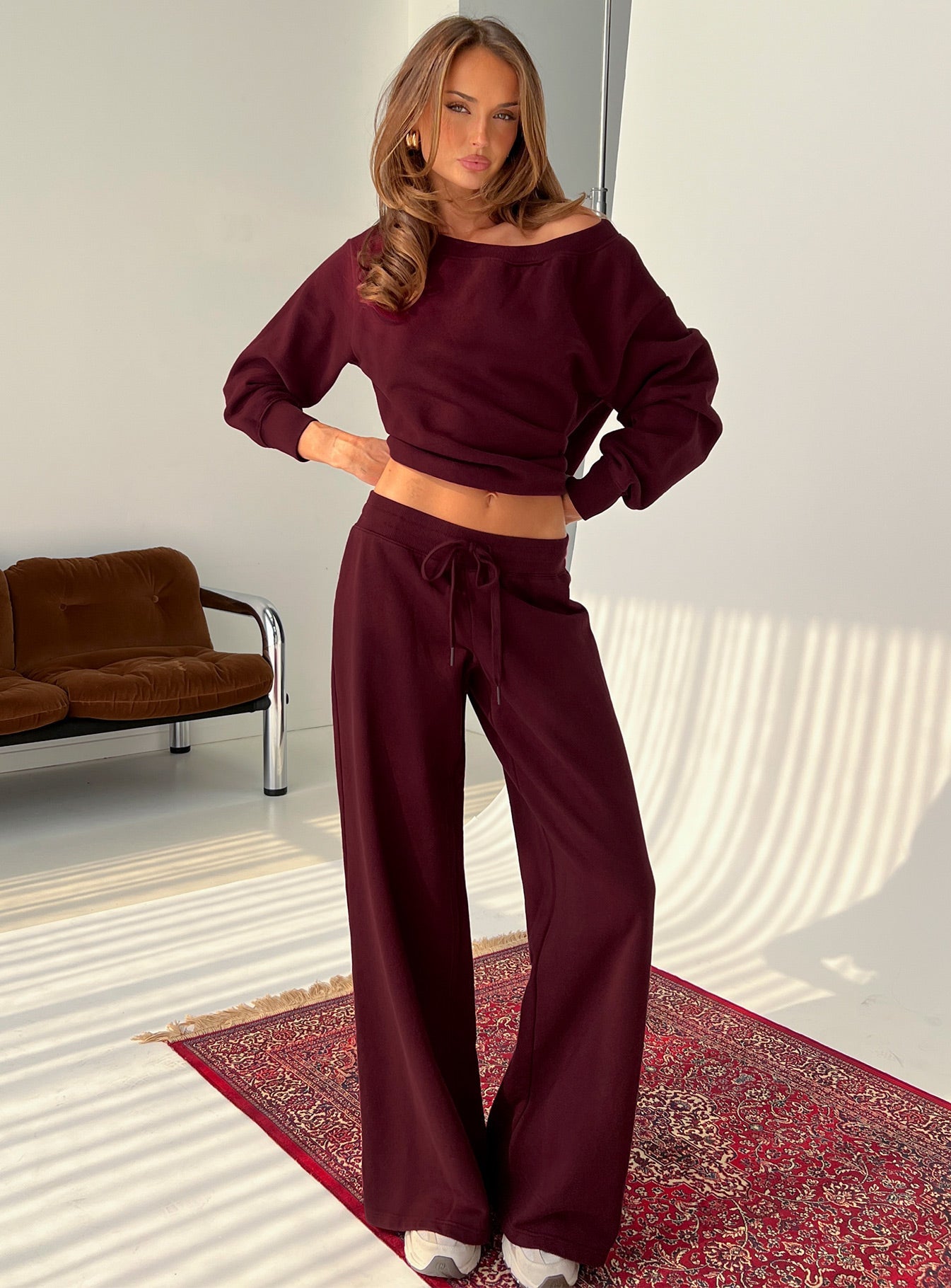 front view of model wearing Princess Polly Dodie Wide Leg Pants Washed Currant Mid Rise Pants 