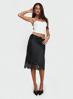   front view of model wearing Princess Polly Gervais Satin Midi Skirt Black Midi Skirts 