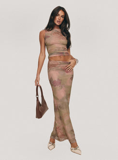   side view of model wearing Princess Polly Cascadia Maxi Skirt Purple Multi Maxi 