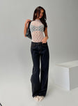 Lace bodysuit High neckline, brief cut leg, g-string bottom, press clip fastening at base Good stretch, unlined, sheer