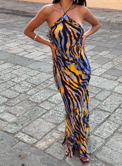 front view of model wearing Princess Polly Virginia Beach Backless Maxi Dress Blue Zebra High Neck 