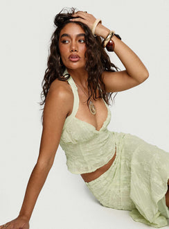 front view of model wearing Princess Polly Aspyn Halter Top Sage Sleeveless Plunger 