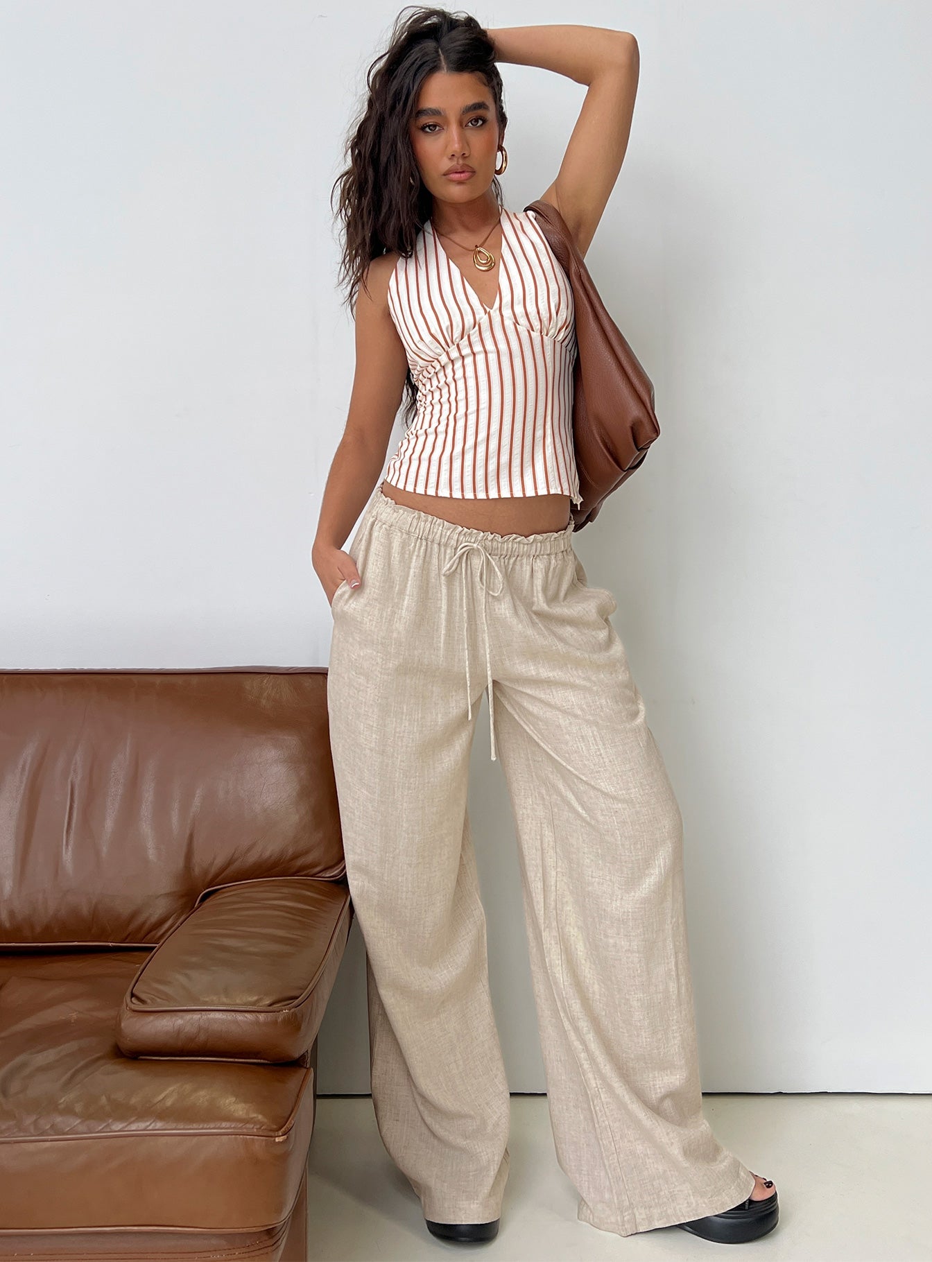 front view of model wearing Princess Polly Seascape Oversize Tie Pants Natural High Waisted Pants 