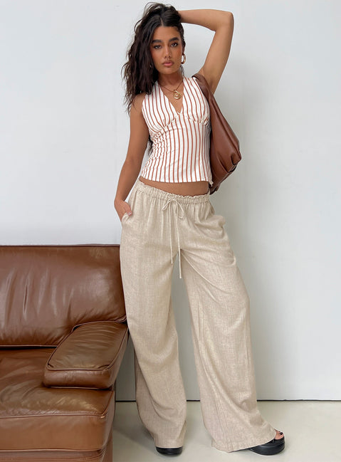 front view of model wearing Princess Polly Seascape Oversize Tie Pants Natural High Waisted Pants 