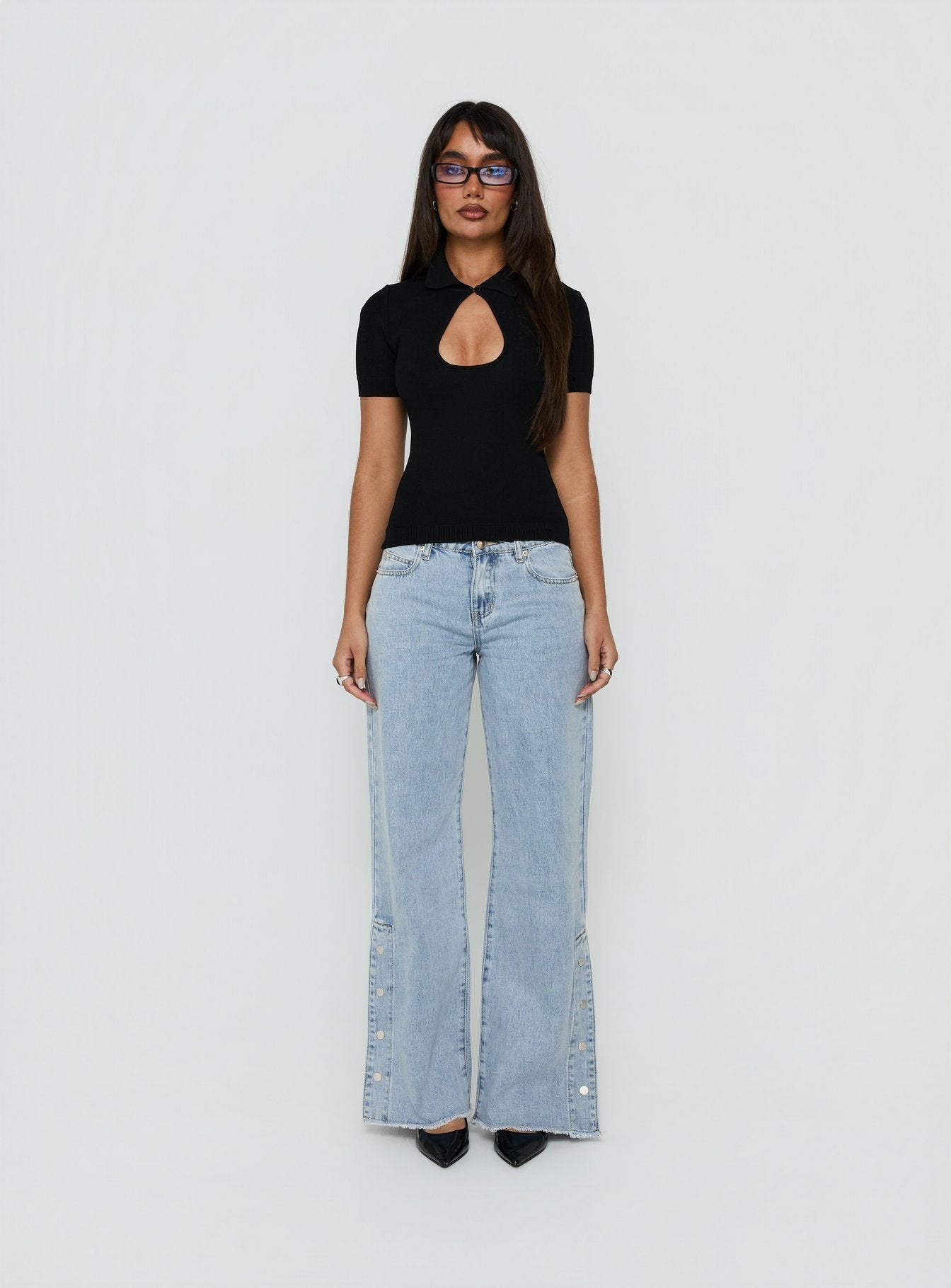Dakoba Button Detail Mid Rise Straight Leg Jean Light Blue Wash