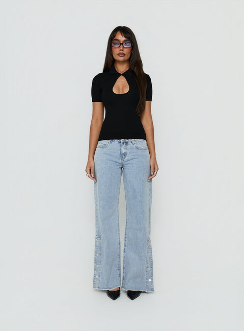 Dakoba Button Detail Mid Rise Straight Leg Jean Light Blue Wash