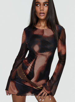 front view of model wearing Princess Polly Nyxia Long Sleeve Mini Dress Multi Scoop Neck 