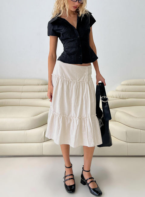   front view of model wearing Princess Polly Cascades Low Rise Midi Skirt Beige / White Stripe Midi Skirts 