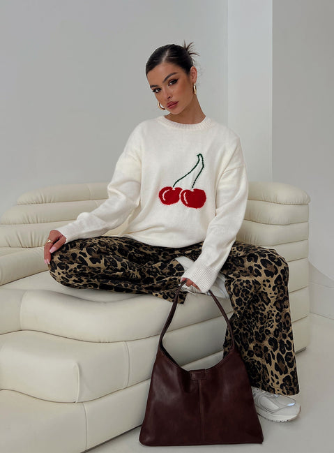 front view of model wearing Princess Polly Cherry Dreams Knit Jumper Cream Long 