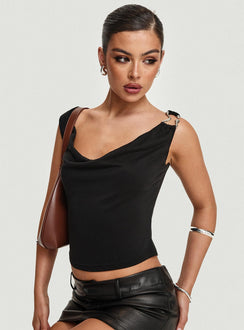 front view of model wearing Princess Polly Quincey Cowl Neck Top Black Sleeveless Cowl 