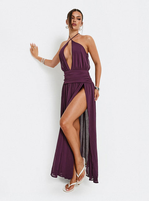 Catherina Blouson Halter Maxi Dress Deep Purple
