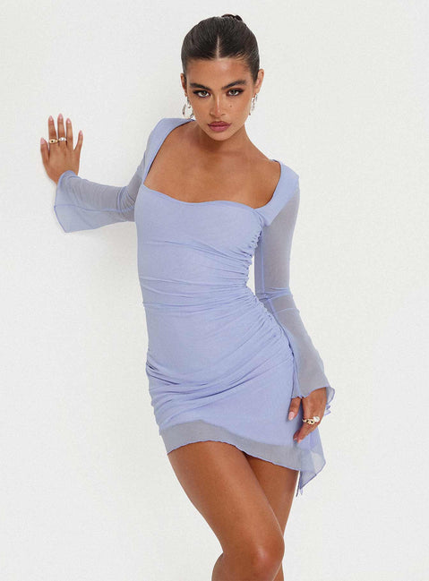 Long sleeve mini dress Mesh material, sweetheart neckline, ruching detail, asymmetric hem Good stretch, fully lined, sheer sleeves Princess Polly Lower Impact 