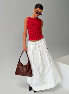 side view of model wearing Princess Polly Marleene Shirred Top Red Sleeveless Crew Neck 