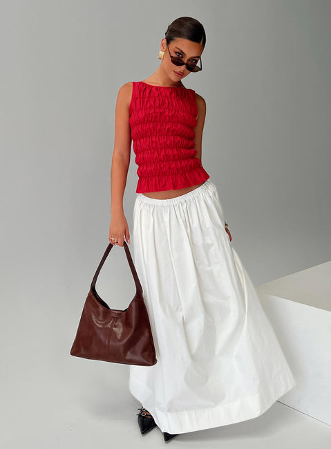 side view of model wearing Princess Polly Marleene Shirred Top Red Sleeveless Crew Neck 