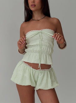 front view of model wearing Princess Polly Short And Sweet Shorts Green Check Low Rise Shorts 