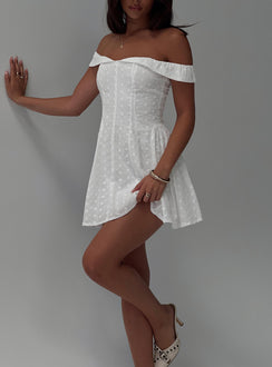 back view of model wearing Princess Polly Rosebud Broiderie Off The Shoulder Mini Dress White V-Neck 