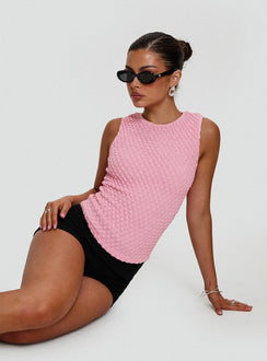 side view of model wearing Princess Polly Goodnight And Go Textured Top Pink Sleeveless Crew Neck 