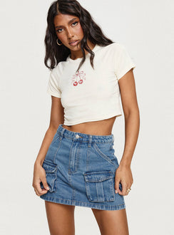   side view of model wearing Princess Polly Chillders Denim Mini Skirt Mid Wash Mini Skirts 