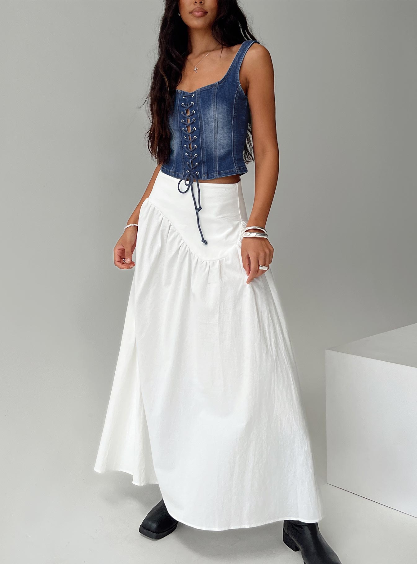 Packston Lace Up Denim Top Mid Wash