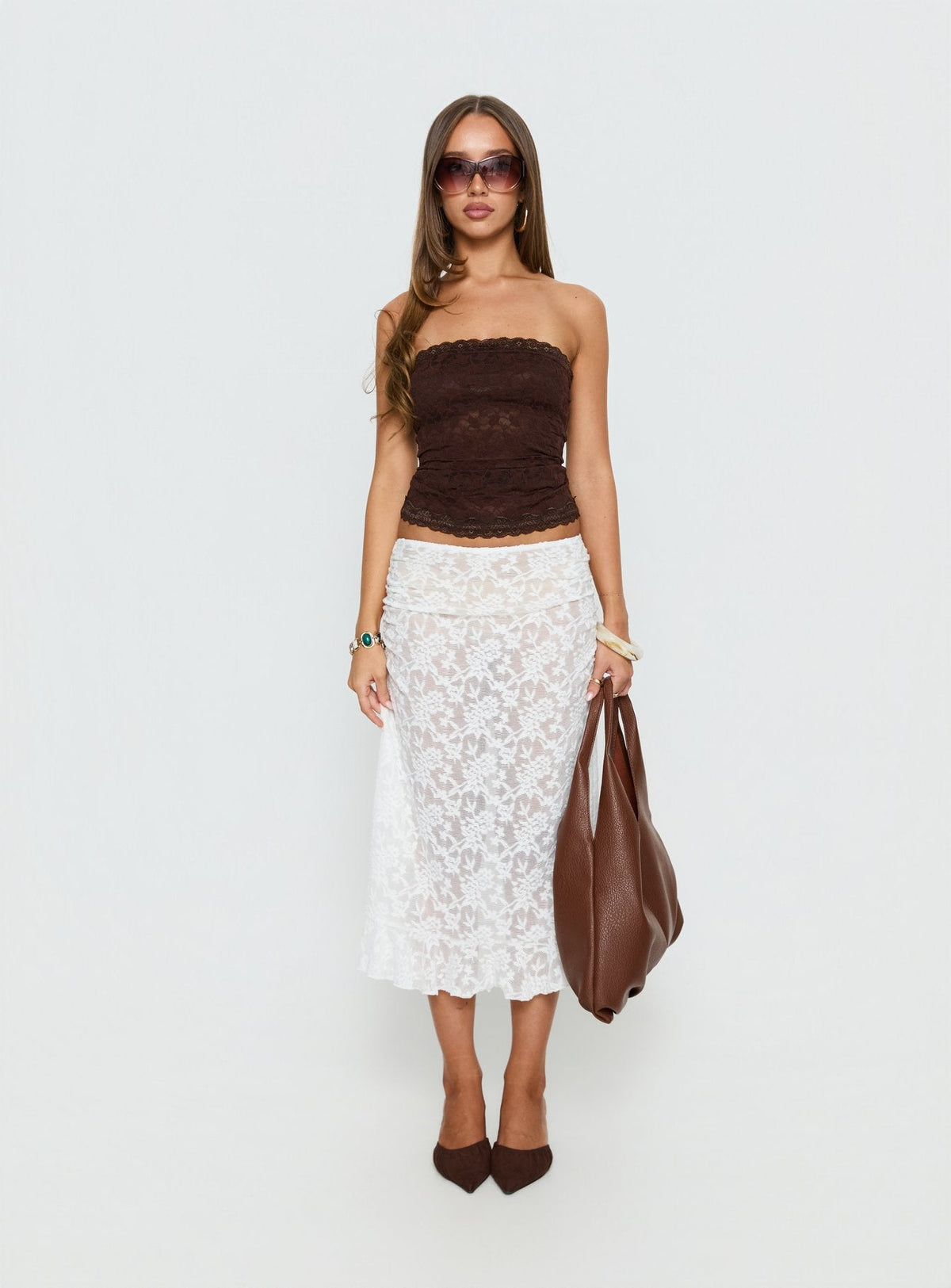   front view of model wearing Princess Polly Toscani Lace Frill Midi Skirt White Midi Skirts Skirts 