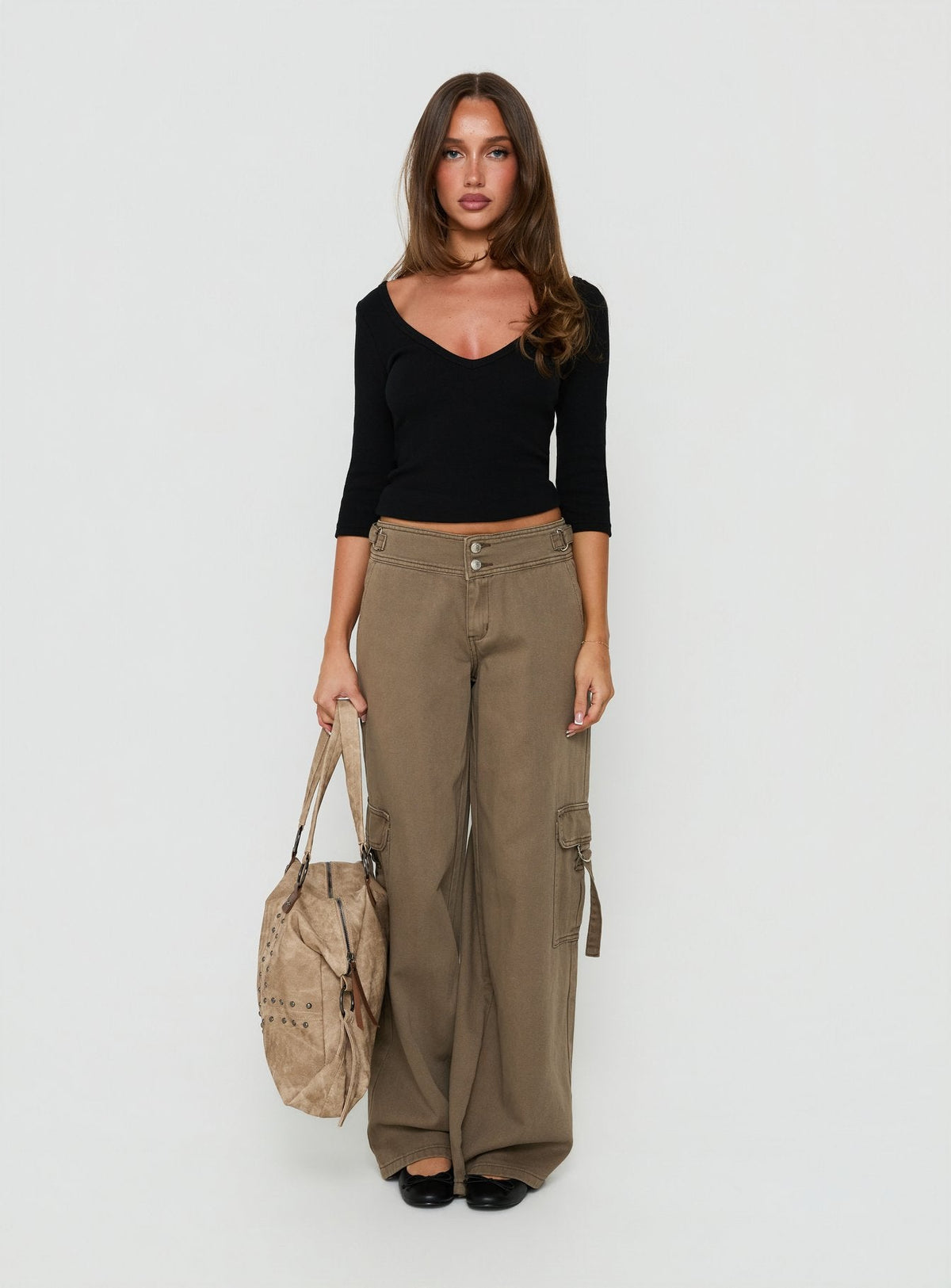 Kellenna Straight Leg Low Rise Cargo Pants Khaki