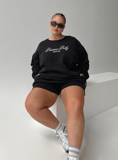 front view of model wearing Princess Polly Princess Polly Crew Neck Sweatshirt Cursive Text Black Sand Curve 