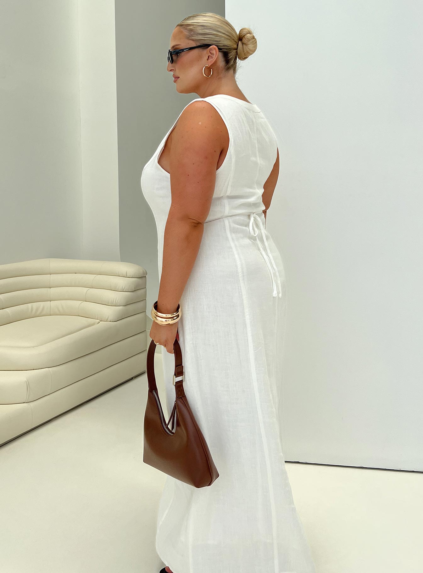 Summer Season Linen Blend Maxi Dress White Curve V-Neck 