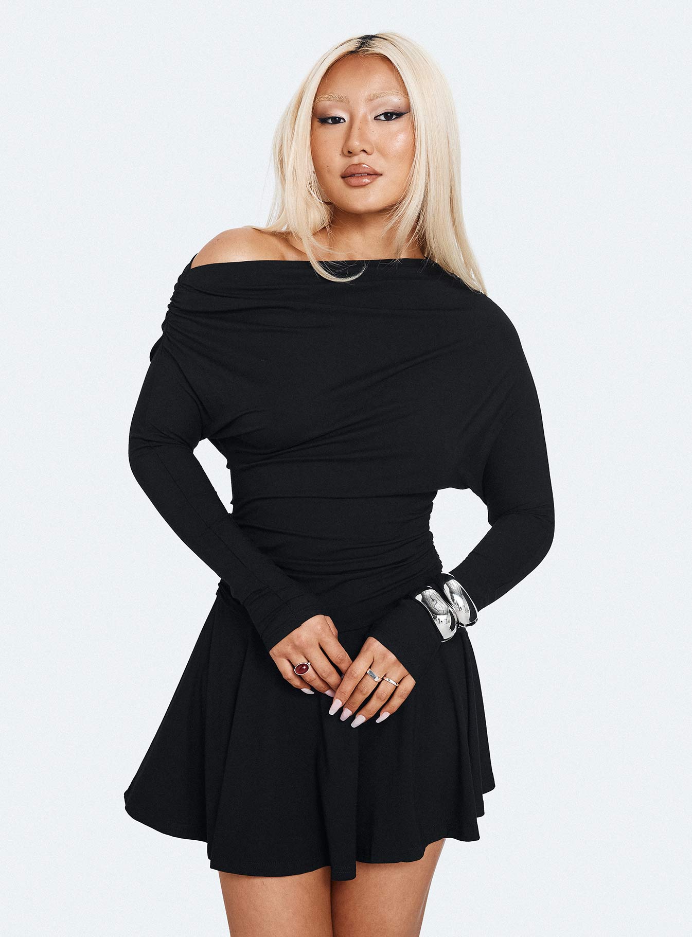Keilana One Shoulder Long Sleeve Mini Dress Black