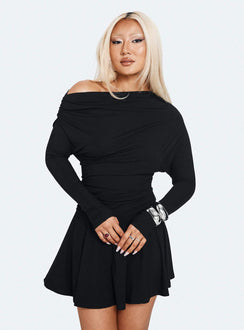 Keilana One Shoulder Long Sleeve Mini Dress Black