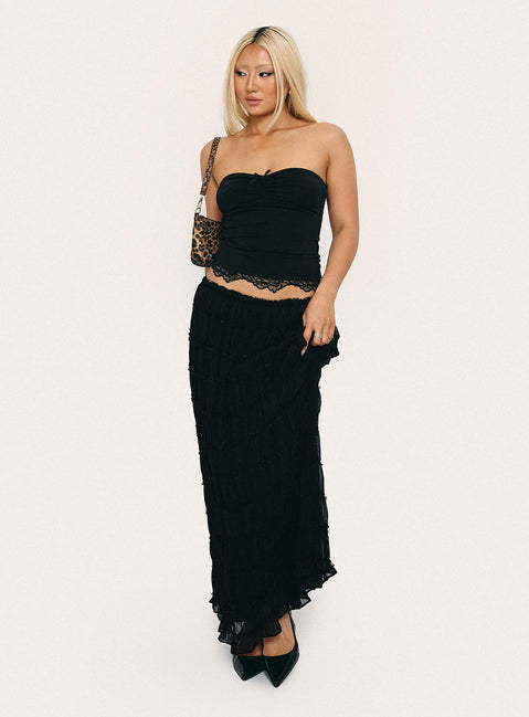   front view of model wearing Princess Polly Estefania Maxi Skirt Black Maxi 