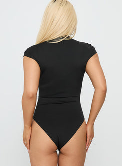 back view of model wearing Princess Polly Cailie Mock Neck Bodysuit Black Short Sleeve 