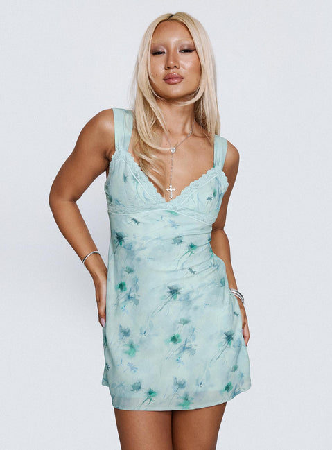 front view of model wearing Princess Polly Love Beckons Mini Dress Blue Floral Plunger 