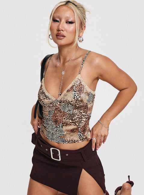 back view of model wearing Princess Polly Lepaisley Top Multi Sleeveless Plunger 