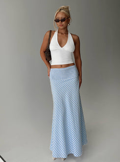   front view of model wearing Princess Polly Every Girl Shirred Maxi Skirt Blue Check Maxi 