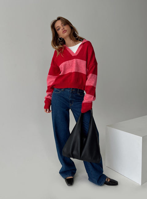 Sweater V neckline, classic collar, striped print, drop shoulder Good stretch, unlined 