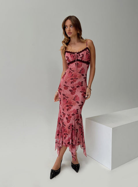 front view of model wearing Princess Polly Eirini Maxi Dress Pink Floral V-Neck 