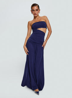 side view of model wearing Princess Polly Grandeur Strapless Maxi Dress Navy Straight Neck 