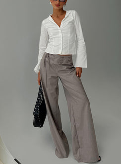 front view of model wearing Princess Polly Just Have Fun Wide Leg Pant Grey Petite High Waisted Pants 