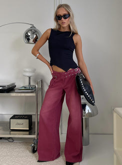 front view of model wearing Princess Polly Paltrow Mid Rise Wide Leg Cargo Jeans Washed Burgundy Mid Rise Jeans 