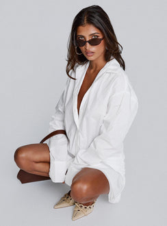 side view of model wearing Princess Polly Girls Girls Girls Mini Dress White V-Neck 