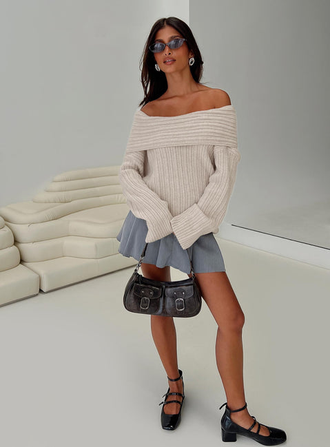 side view of model wearing Princess Polly Mirrelle Off Shoulder Knit Sweater Beige Long 