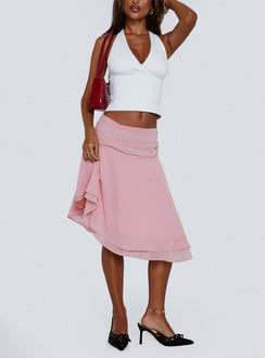   front view of model wearing Princess Polly Evanescence Asymmetrical Midi Skirt Pastel Pink Midi Skirts 
