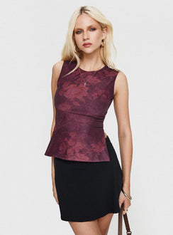 side view of model wearing Princess Polly Uzo Top Red Floral Sleeveless Crew Neck 