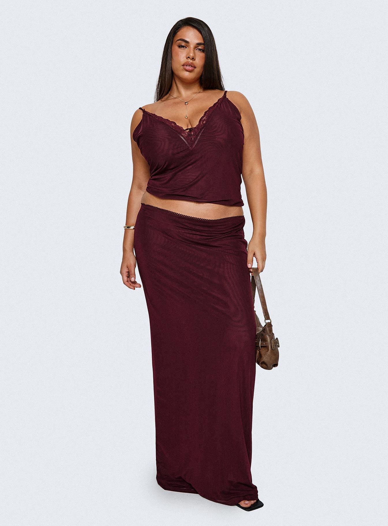Reiko Lace Trim Tie Front Maxi Set Burgundy Curve